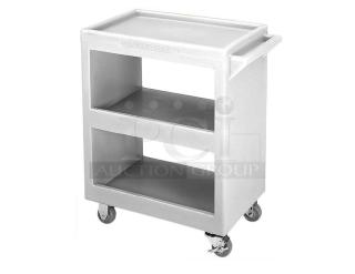 Brand new Cambro 3-tier bus/service cart in granite gray, model BC2254S191, with 350 lb. capacity and casters.