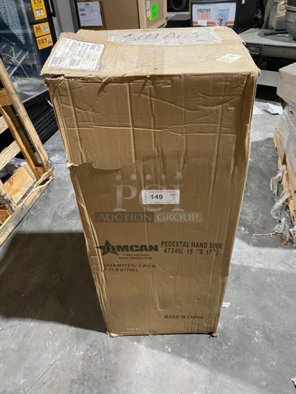 BRAND NEW Omcan Commercial Stainless Steel Single Bowl Hand Sink, Model 47246, in original sealed packaging.