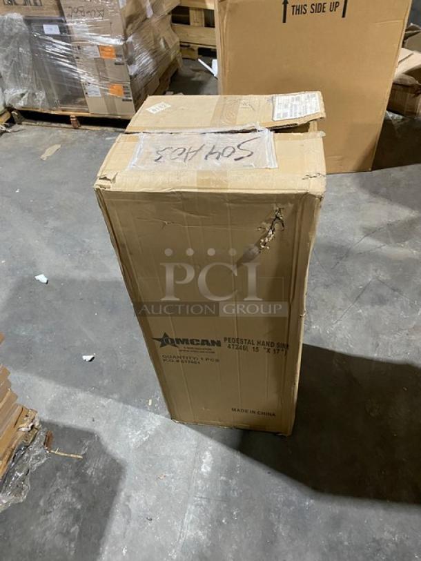 Box of Omcan Commercial Stainless Steel Dual-Functionality Single Bowl Hand and Mop Sink, Model 47246, unopened, new.