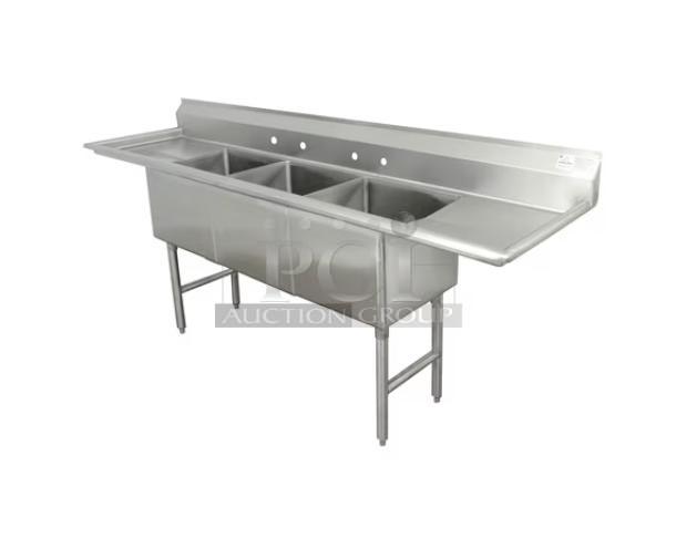 Brand new Advance Tabco stainless steel 3-compartment sink, model FC3302436RL, with 36" drainboards and 14" deep bowls.