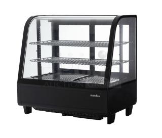 Marchia MDC100 black 27" curved glass refrigerated bakery display case, new, with rear sliding glass doors.