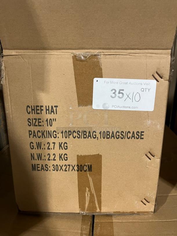 Box of 10-inch non-woven chef hats, brand new, labeled with quantity and packaging details.