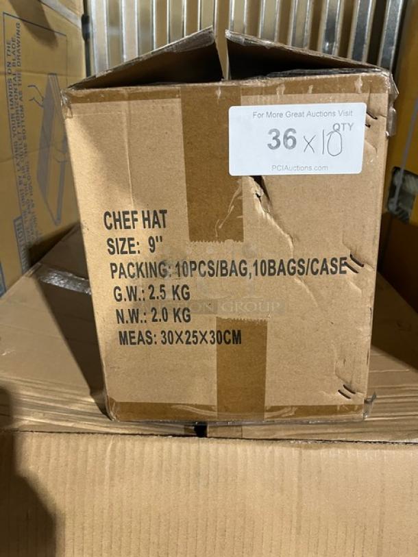 Brown box labeled "Chef Hat, Size: 9", 10pcs/bag, 10bags/case, 2.5 kg G.W., 2.0 kg N.W., 30x25x30cm" in new condition.