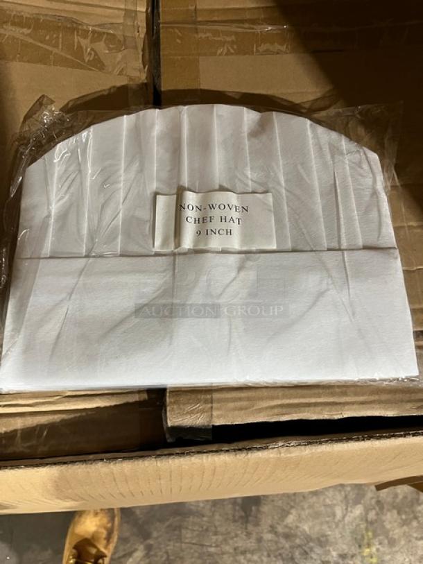 Brand new 9" non-woven chef hat in packaging. Label reads "Non-Woven Chef Hat 9 Inch," pristine condition.