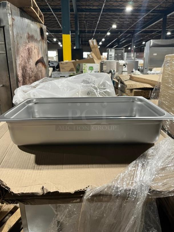 Crestware commercial stainless steel steam table pan, model SAFTSTAK, 4" deep, full-size, anti-jam, new condition.