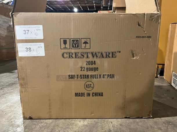 Brand new Crestware commercial stainless steel full-size 4" deep anti-jam pan, model SAF-T-STAK, in original packaging.