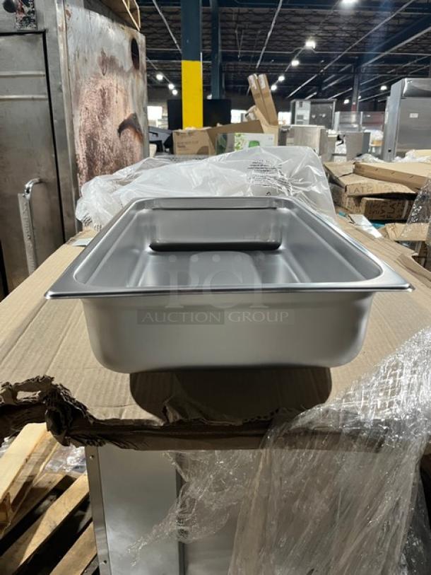 Brand new Crestware SAFTSTAK stainless steel steamtable pan, 4" deep, anti-jam, full-size, commercial quality.