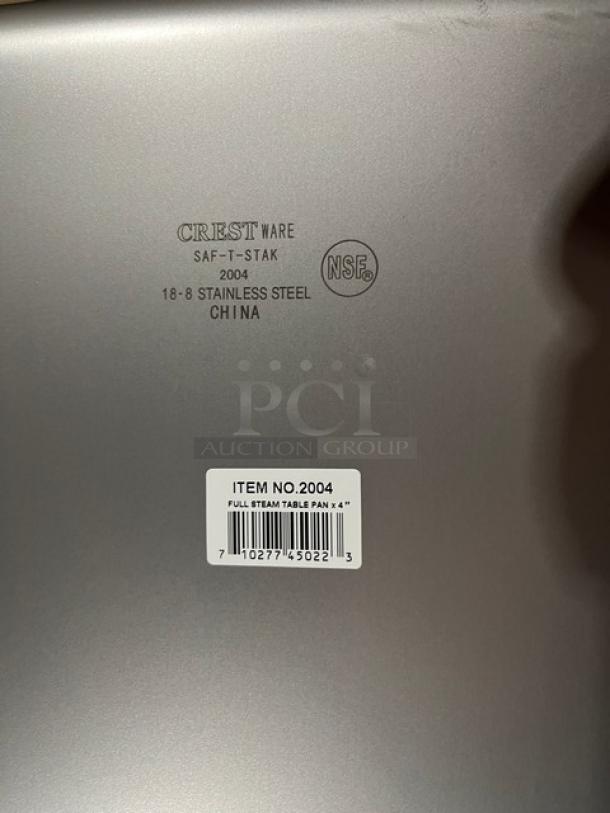 BRAND NEW Crestware full-size 4" deep anti-jam steamtable pan, model SAF-T-STAK, stainless steel, NSF certified.