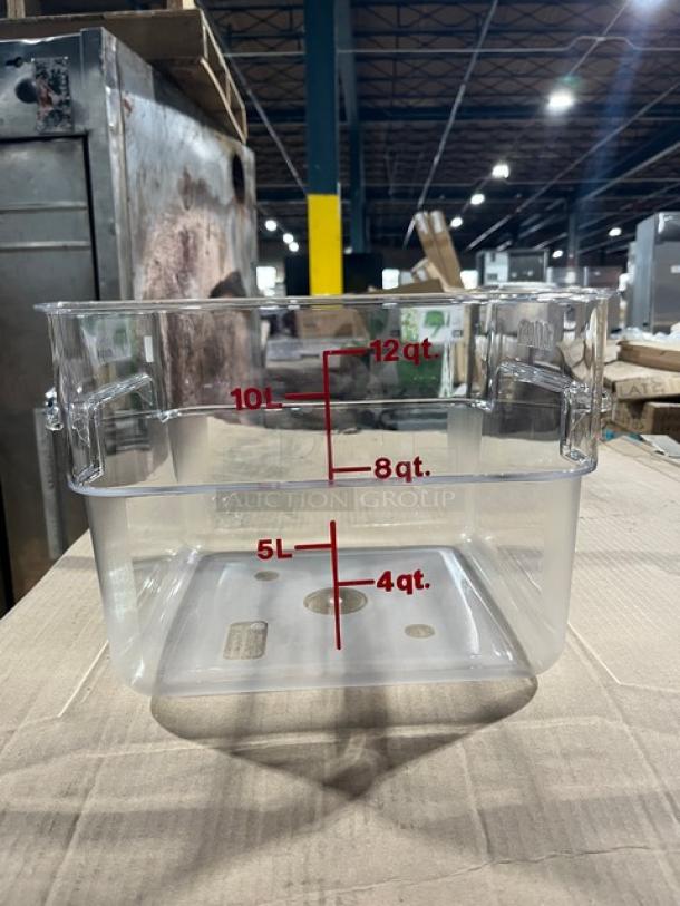 Brand new Cambro clear polycarbonate 12Qt. square food storage container with red measurement markings.