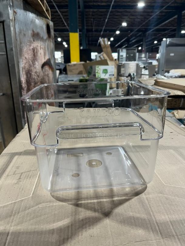 Brand new Cambro 12Qt square food storage container; clear polycarbonate, sturdy build, embossed Cambro logo, excellent condition.