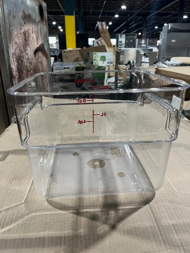 Brand new Cambro 12Qt clear polycarbonate food storage container. Square shape with quart/liter markings.