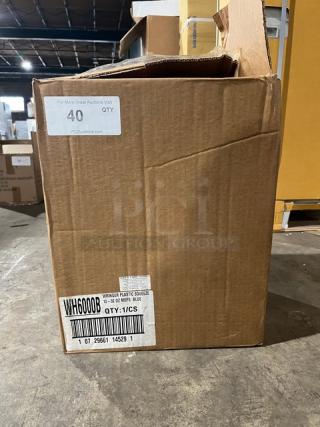 Brand new WH6000B commercial blue mop side press wringer in box. Box shows labels with model and auction details.
