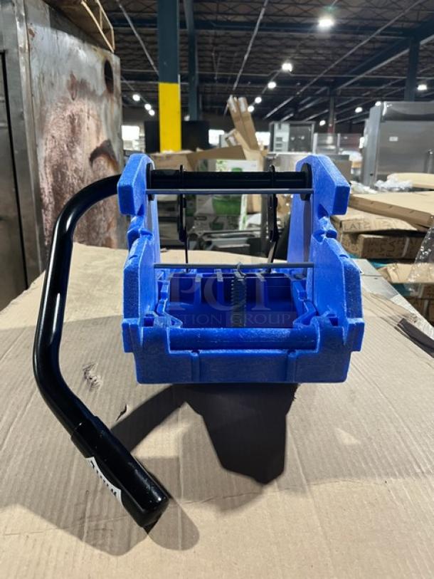 BRAND NEW Commercial Blue Mop Side Press Wringer, Model WH6000B. Durable plastic, black handle, excellent condition.