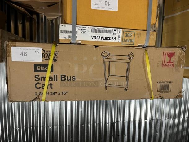 Brand new Choice Commercial Black 2-Shelf Bus Cart, 24"x16", model 109CARTBS2BK, in original packaging.