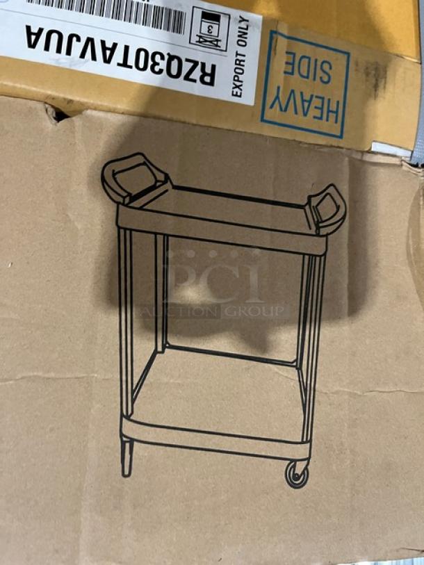 Brand new Choice Commercial Black 2 Shelf Bus Cart, Model 109CARTBS2BK, 24"x16", in original packaging.