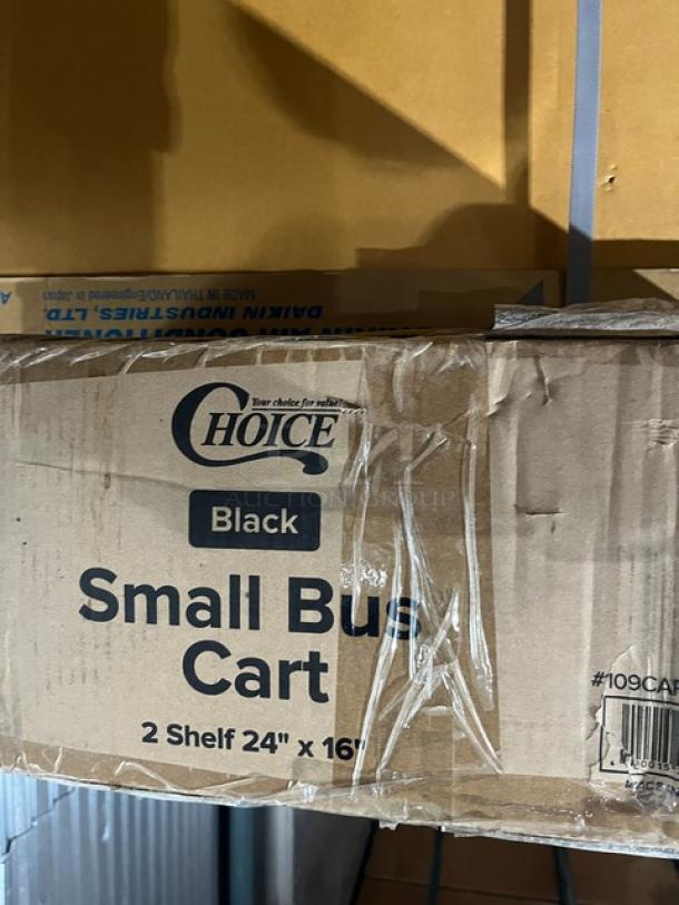 Brand new Choice Commercial Black 2-Shelf 24"x16" Bus Cart, Model 109CARTBS2BK, in original packaging.