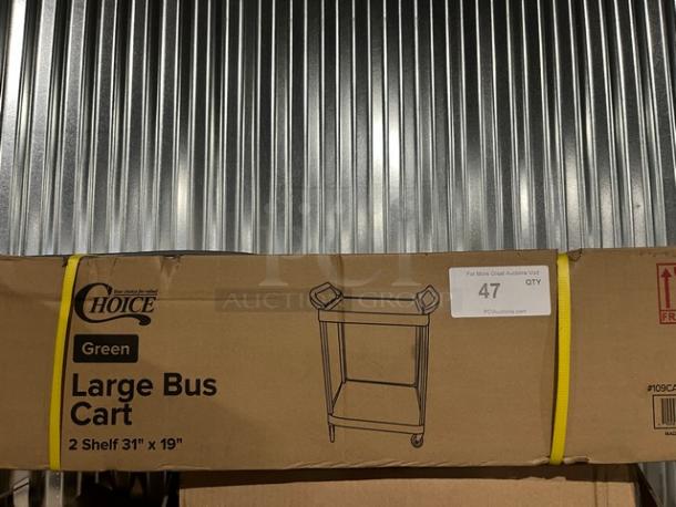 Choice Large Bus Cart, Model 109CARTBS2BK, brand new, black, two shelves, dimensions 31"x19". Packaging shows brand and model details.