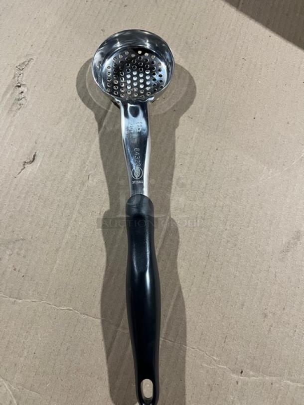 Brand new Vollrath 6432320 3 oz. perforated stainless steel spoodle with black grip handle, Jacob’s Pride Series.
