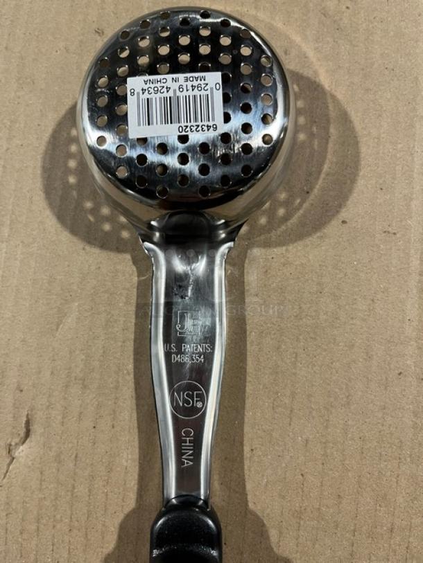 Vollrath Jacob’s Pride 3 oz perforated spoodle, model 6432320, stainless steel, black grip handle, NSF certified, new condition.