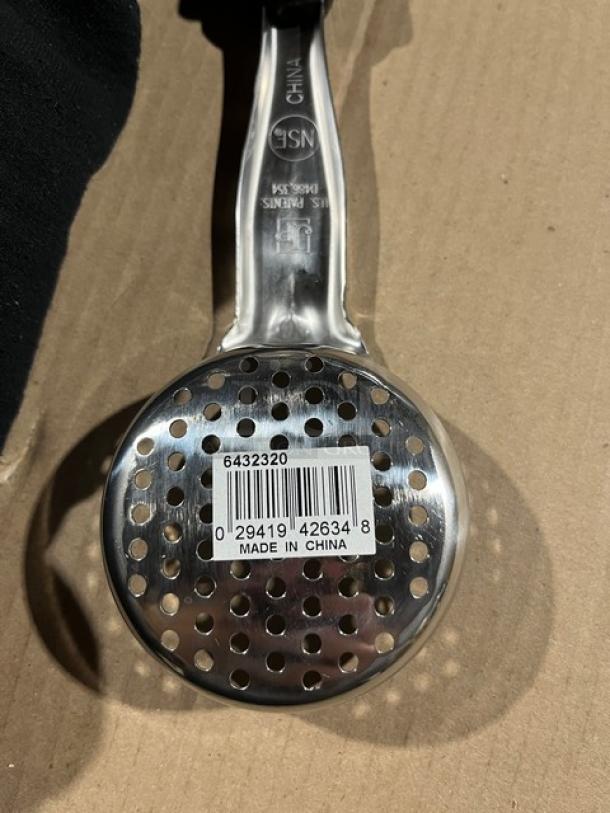 Brand new Vollrath Jacob’s Pride 3 oz. perforated spoodle, stainless steel, black grip, model 6432320, labeled as made in China.