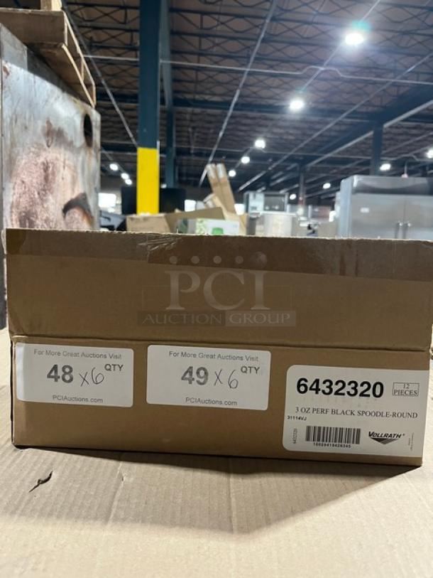 Box of brand new Vollrath Jacob’s Pride 3 oz. perforated spoodles, model 6432320, with black grip handles.