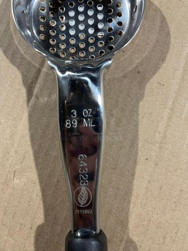Brand new Vollrath Jacob’s Pride 3 oz perforated spoodle, model 6432320, stainless steel with black grip handle.