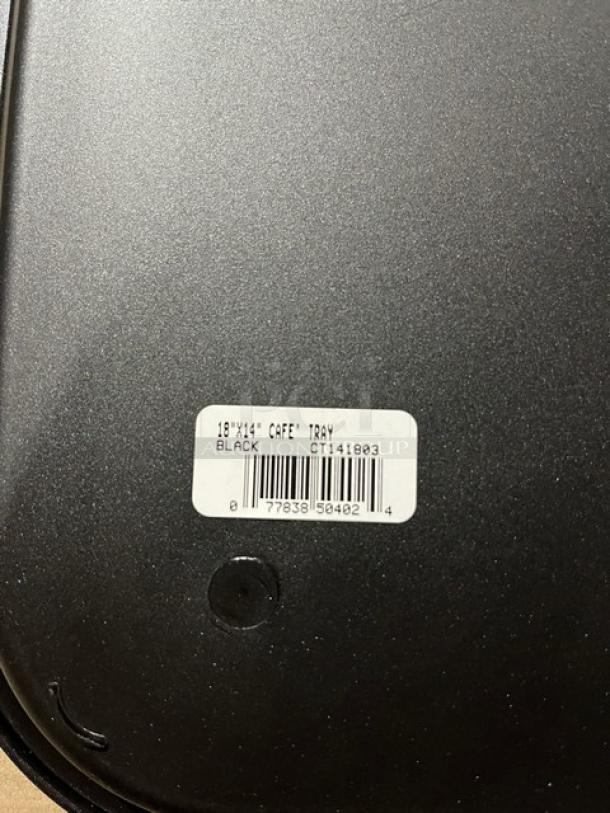 Brand new Carlisle CT141803 black serving tray, 14"x18", commercial grade, with model label indicating size and style.