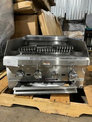 Southbend HDC24 commercial stainless steel countertop char broiler with cast iron grates and splash guards, Model HDC-24.