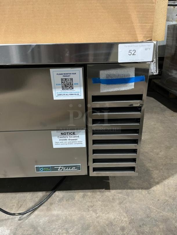 True Commercial Stainless Steel 2 Drawer Refrigerated Chef Base, Model TRCB-52-60, with oversized worktop and casters.