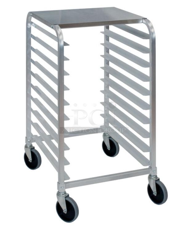 BRAND NEW Cres-Cor 10-Pan End Load Aluminum Rack, Model 275381810KDTA, with stainless steel top and casters.