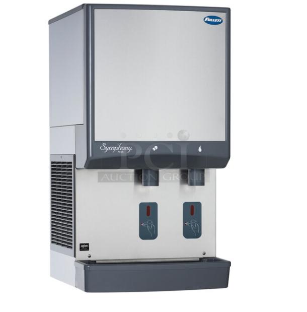 Brand new Follett Symphony Series 50CI425A countertop ice maker/water dispenser, stainless steel, air-cooled, 115V.