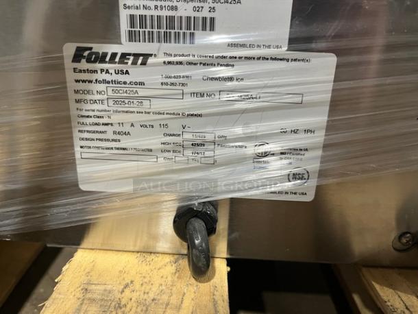 Brand new Follett Symphony Series stainless steel ice maker, model 50CI425A, air-cooled, 115V, with visible label details.