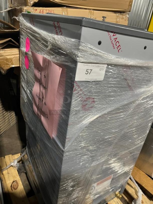 Brand new Follett Symphony Series stainless steel countertop ice maker, model 50CI425A, wrapped for protection. Electric, 115V.