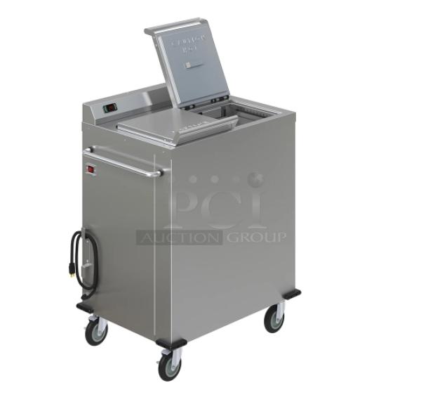 Dinex stainless steel 2-silo plate heater dispenser, Model DXPSBH2P, SN 2411232, 208V, 1 Phase, on casters.