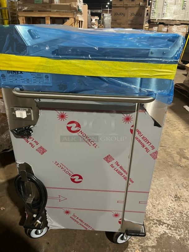 Dinex DXPSBH2P stainless steel 2-silo plate heater dispenser on casters, new condition, 208V, 1 Phase, SN: 2411232.
