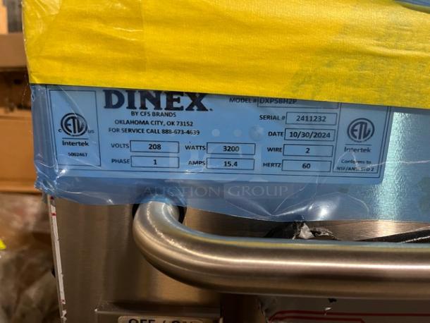 Dinex DXPSBH2P stainless steel plate heater dispenser, model DXPSBH2P, serial 2411232, 208V, 1 phase, on casters.