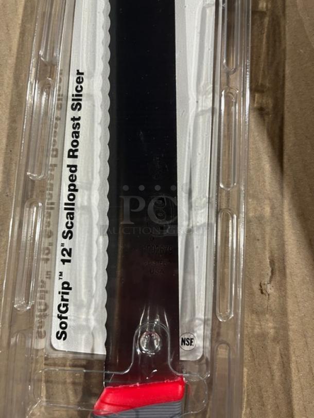 Brand new Don Dexsteel 12" scalloped roast slicer, model 1002679. Stainless steel with slip-resistant SofGrip handle.