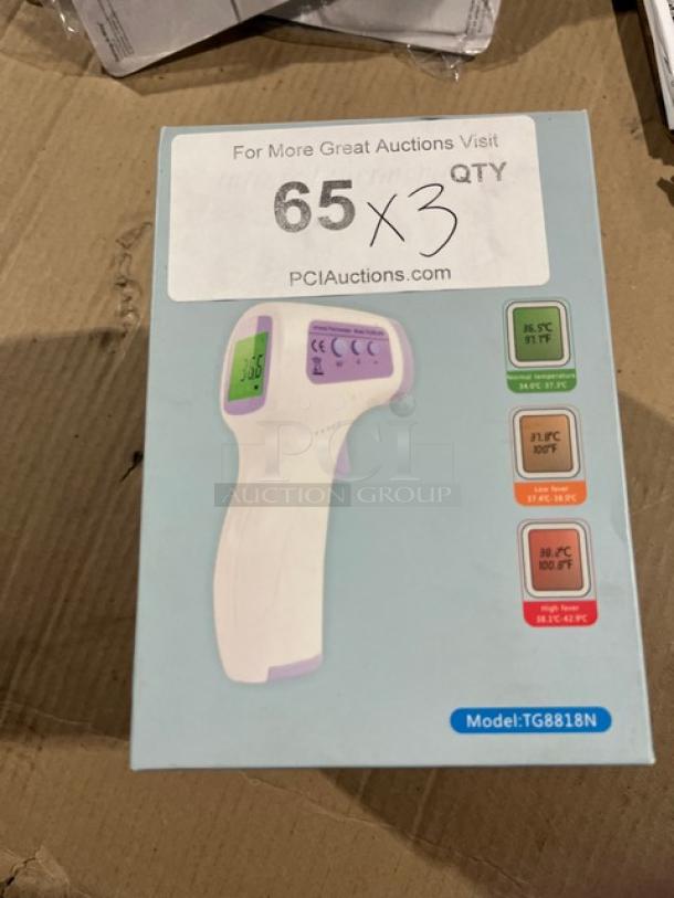 Brand new TG8818N infrared non-contact forehead thermometer in box; features LCD display, measures in Celsius and Fahrenheit.
