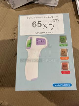 Brand new TG8818N infrared non-contact forehead thermometer in box; features LCD display, measures in Celsius and Fahrenheit.