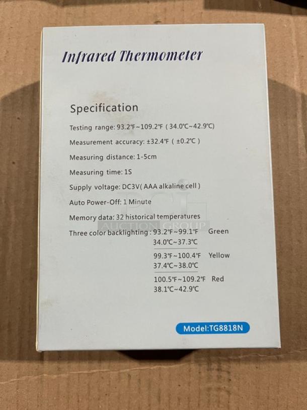 Brand new infrared non-contact forehead thermometer, model TG8818N. Displays specs: testing range 93.2-109.2°F.