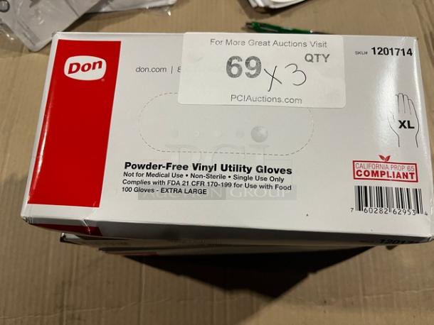 Brand new Don 1201714 XL powder-free vinyl utility gloves, 100 count. FDA compliant for food use. Prop 65 compliant.