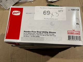 Brand new Don 1201714 XL powder-free vinyl utility gloves, 100 count. FDA compliant for food use. Prop 65 compliant.