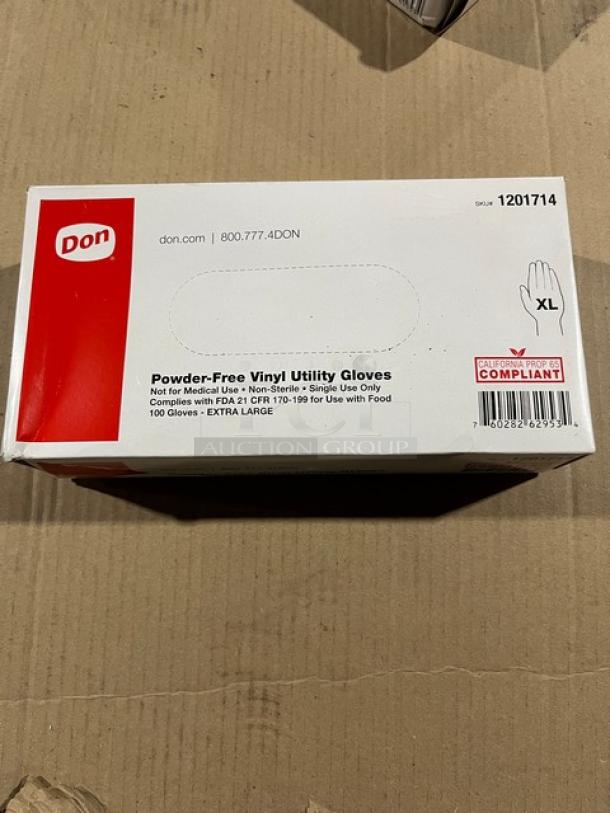 Brand new Don XL powder-free vinyl utility gloves, model 1201714, 100 count, food-safe, Prop 65 compliant, non-sterile.