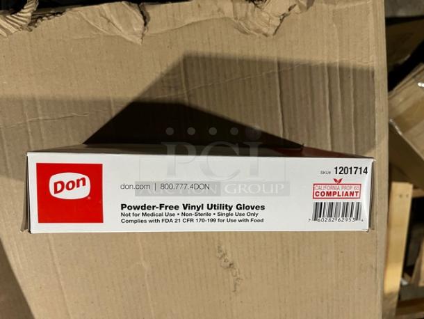 Don Commercial XL powder-free vinyl utility gloves, model 1201714. New in box. Not for medical use, compliant with FDA 21 CFR 170-199.