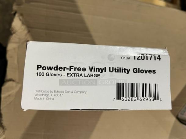 Brand new Don Model 1201714 powder-free vinyl utility gloves, XL size. Box of 100. Made in China.