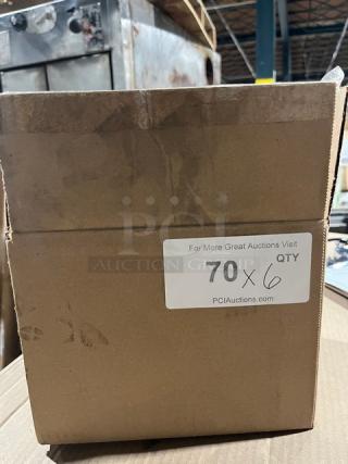 Cardboard box containing Carlisle Commercial Black Ladle, model NSF2. New condition. Label indicates 70 units by 6 sets.