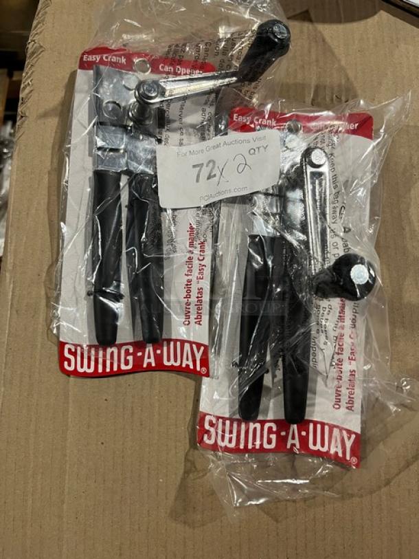 Brand new Swing-A-Way stainless steel can openers with black grip handles, easy crank design, packaging intact, set of 2.
