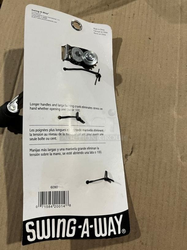 Brand new Swing-A-Way commercial stainless steel manual can opener with easy crank and black grip handle, original packaging.