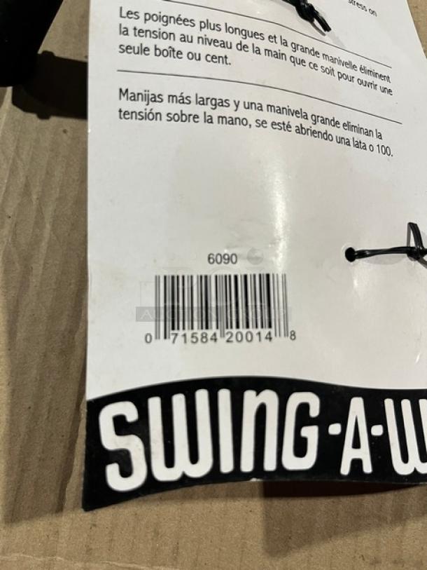 BRAND NEW Swing-A-Way Commercial Stainless Steel Easy Crank Manual Can Opener, with black grip handle, tag visible with barcode.