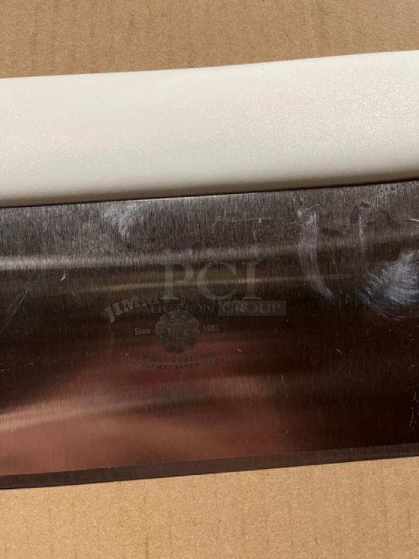 Brand new Jimmy John's style stainless steel dough scraper with white grip handle. Engraved logo on blade.